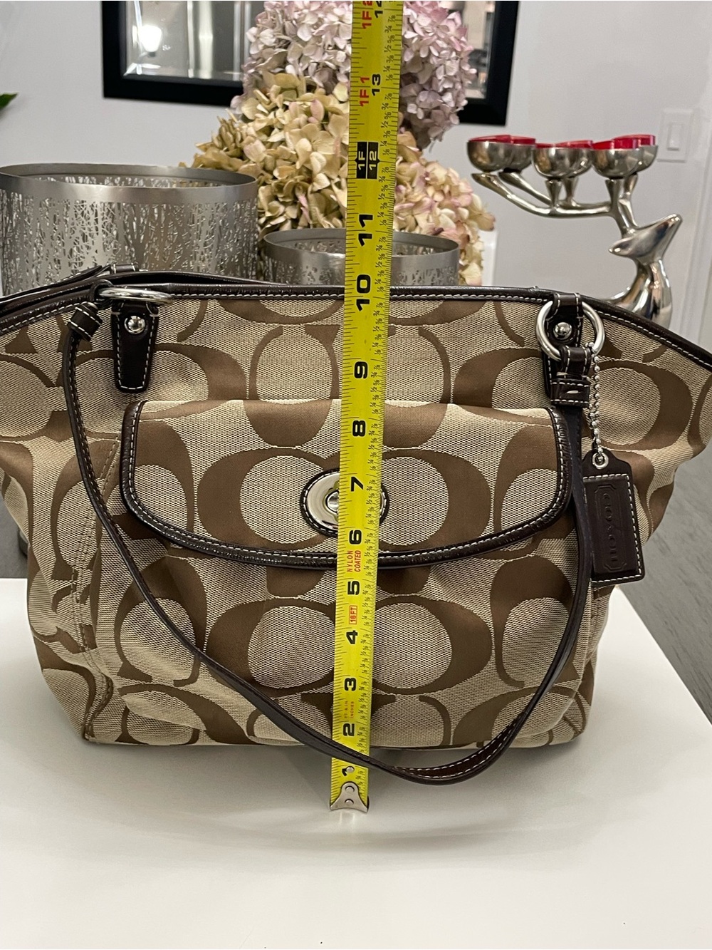 Coach Signature Turnlock Canvas Tote Bag Brown Leather Trim - Picture 5 of 10